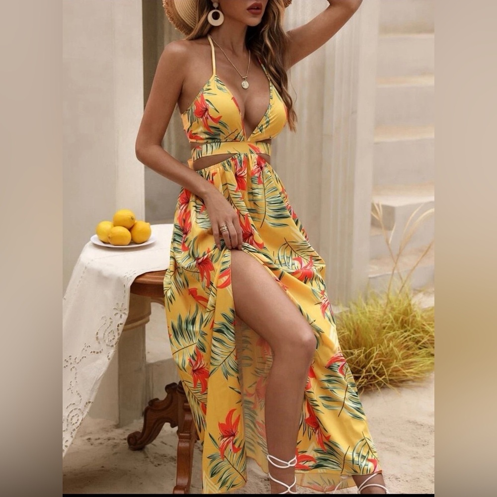 SHEIN VCAY Tropical Print Backless Knot Halter Neck Slit Thigh Large Dress NWT